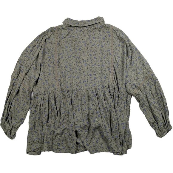 Lucky Brand Floral Popover Boho Blouse Sage Green with Blue Flowers Size Large - Picture 2 of 7